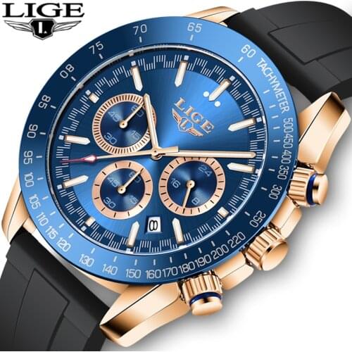 LIGE 2021 New Pilot Mens Watches Fashion Waterproof Silicone Quartz Gold Watch Men Top Brand Luxury Sport Wristwatch 24 hour+Box