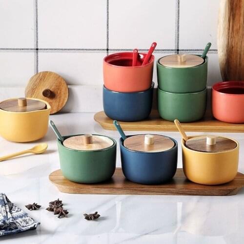 Creative Ceramic Kitchen Seasoning Box Set Salt Shaker Spice Jar With Wooden Cover And Spoons Kitchen Accessories