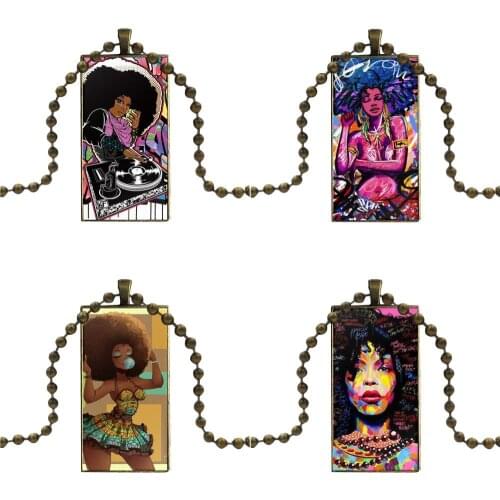 Queen Afro Melanin Poppin Shining Colorful Cute Glass Pendant Necklace Handmade Half Pendant Rectangle Necklace For Women Girls