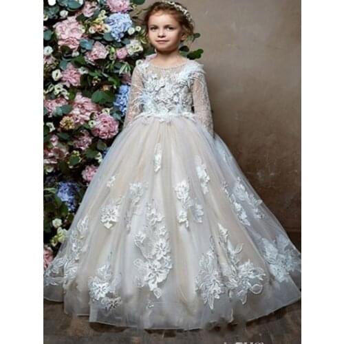 Flower Girl Dresses For Weddings Lace Appliques Sleeveless Sweep Train Girls Pageant Dress For Wedding Prom Kid Communion Gowns