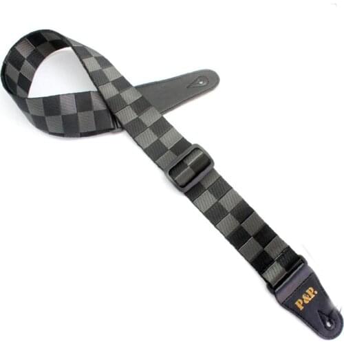 Adjustable Plaid Nylon Guitar Strap Checkered Acoustic Electric Guitar Bass Strap with Leather Ends Parts Accessories