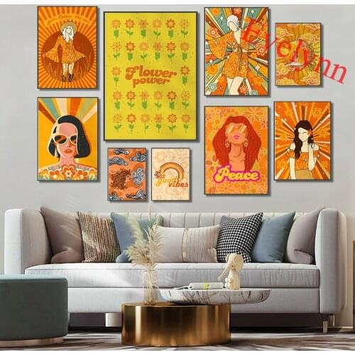 Hippie Girl Retro Poster,70s Floral,70s Quotes,Moon Goddess,Hanging Leaves Plant,Home Decor Canvas Wall Art Prints Unique Gift