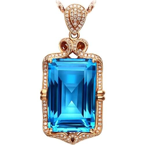 Luxury 5 carats blue crystal topaz aquamarine gemstones pendant necklaces for women rose gold color choker jewelry bijoux bague