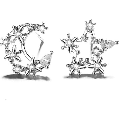 Stud Earrings Star Moon Asymmetric For Women Zircon Flower Simple Sweet Korean Fashion Trendy Girl Daily Party Jewelry BOYULIGE