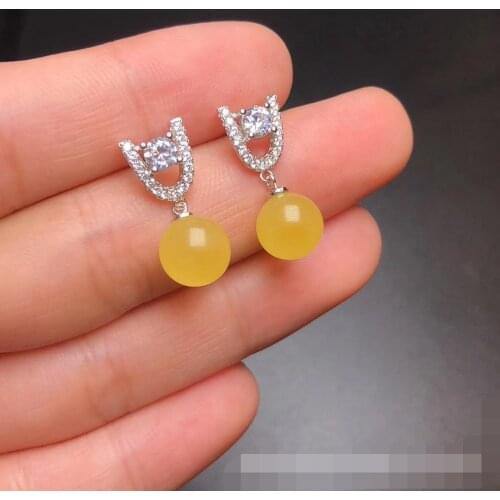 Natural 925 silver round amber earrings for women chic stud earring lady fashion baltic amber jewelry earrings