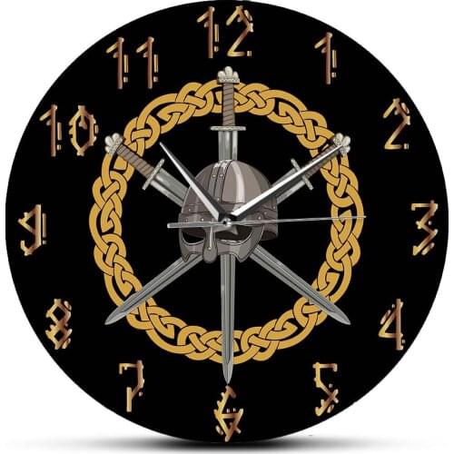 Viking Helmet With Three Crossed Swords Printed Wall Clock Modern Design For Living Room Celtic Style Home Décor Silent Clock