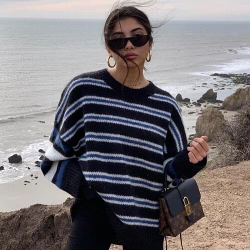 Black Blue Strip Vintage Oversized Sweaters for Women Warm Winter Tops New Preppy Style O-Neck Loose Casual Girls Streetwear