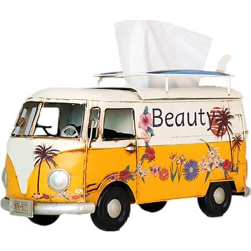 Universal Flower Bus Model Figurines Retro Car Tissue Box Home Car Decoration Crafts Random Color