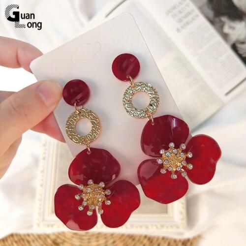Guanlong Vintage New Fashion Flower Resin Long Big Drop Earrings Women Metal Dangling Crystal Acrylic Earrings Jewelry Brincos