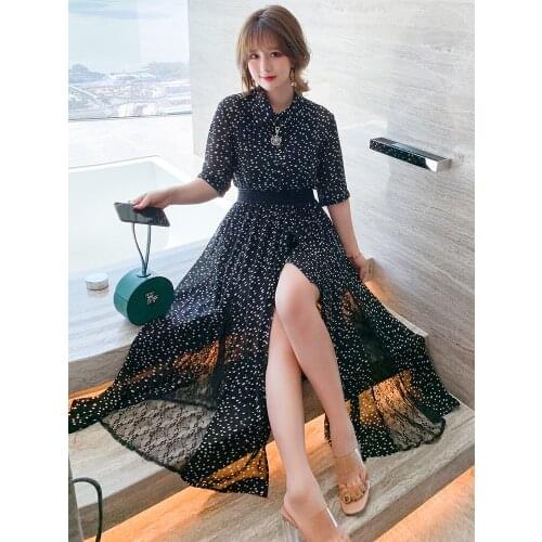 High quality Wave point shirt skirt + lace stitching wrapped skirt two-piece new summer dresses