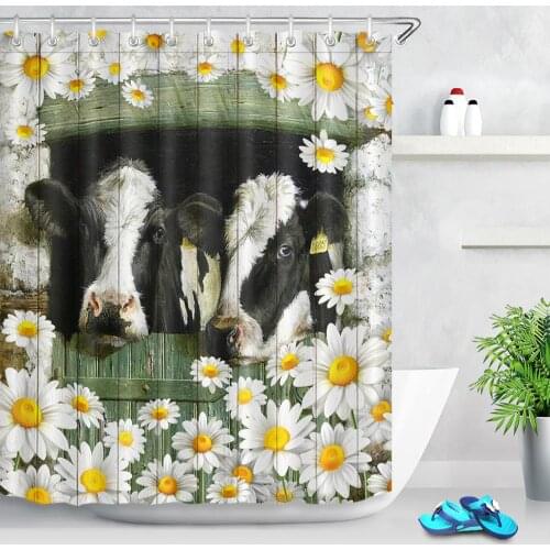 Farm Animal Barn Cow Shower Curtain Daisy White Flower Farmhouse Bathroom Decor Bath Curtain Waterproof Bathtub Accessories