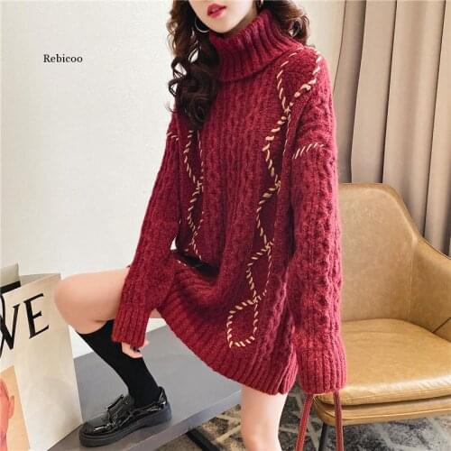 Womens Pullovers Turtleneck Wine Red Sweaters Autumn Winter Warm Twisted Knit Pullovers Ladies Loose Vintage New Year Sweaters