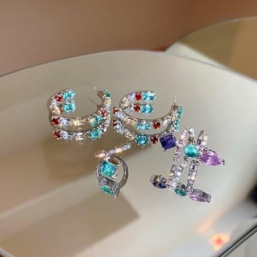 Origin Summer Elegant Full Shiny Colourful CZ Zircon Rhinestone Hoop Earrings for Women Girls Round Pendant Earring Accessories