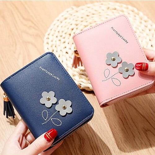 Womens Short Cute Flowers Coin Wallet Portable Student Card Holder Female Money Bag Clutch PU Leather Zipper Hasp Small Purse