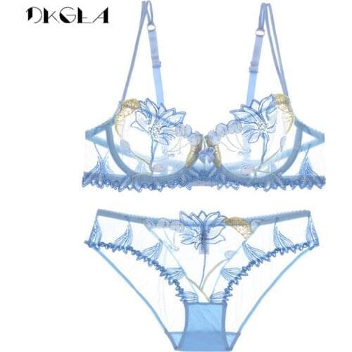 2020 Fashion Flowers Embroidery Lingerie Set Lace Blue Transparent Underwear Set Women Sexy Hollow Out See Through Bra Pink