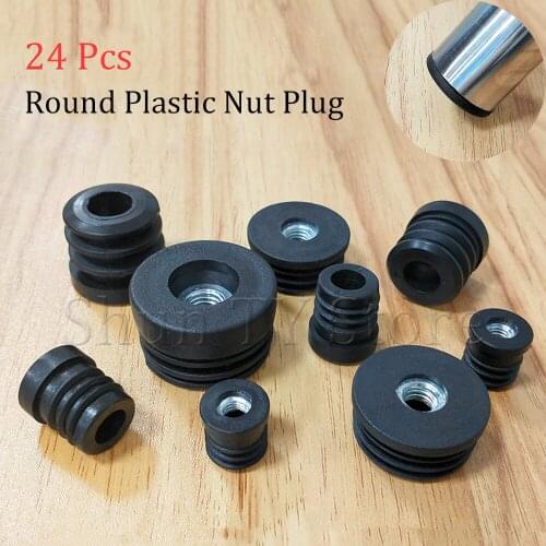 24 Pieces of Black Plastic Steel Round Tube Nut Plug Furniture Mat Plastic Non-slip Foot Mat to Protect Furniture Legs