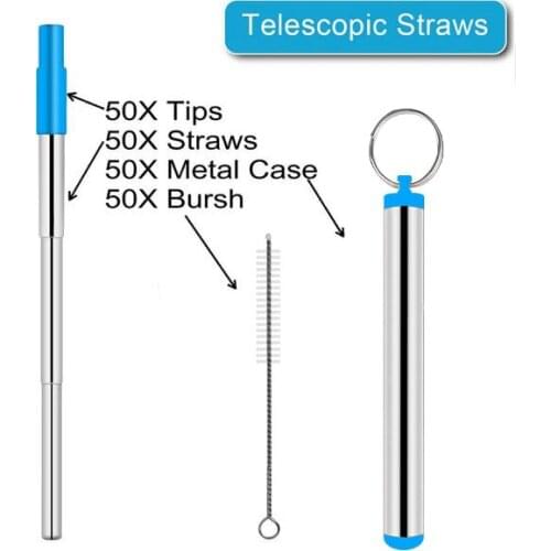 50PCS Portable Reusable Stainless Steel Telescopic Straw With Silicon Tip, Brush And Metal Carrying Case For Travel