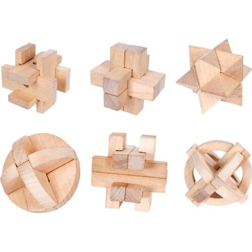6pcs Wooden IQ Teaser Kong Ming Lu Ban Lock 3D Interlocking Puzzle Toys