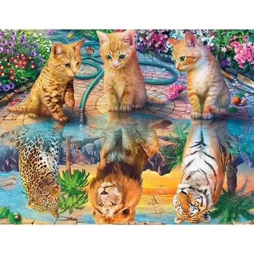 5D Diamond Painting Cat Full Round Square Drill Diamond Embroidery Animals Reflection Pictures Of Rhinestones Mosaic Home Decor