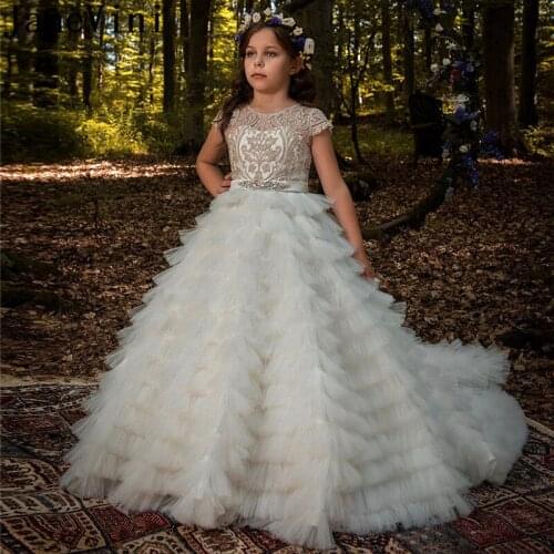 JaneVini Ball Gown Puffy Tulle Flower Girl Dresses with Train Long Beaded Appliques Kids Tiered Cake Dress for Girls Weddings