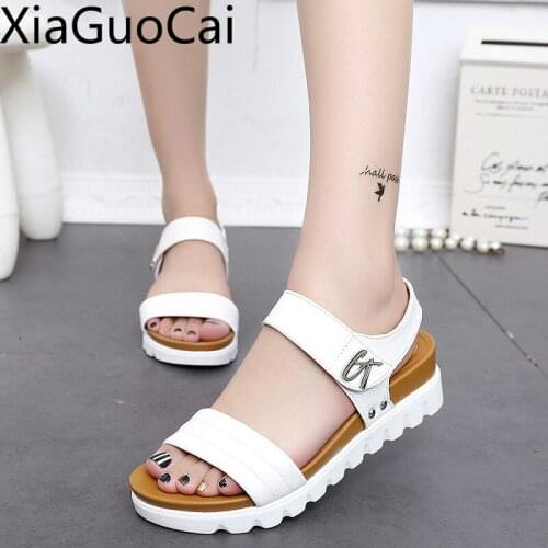 White Platform Women Sandals Summer Low Heel Peep Toe Pu Leather Womens Sandals Students Summer Breathable Sandals