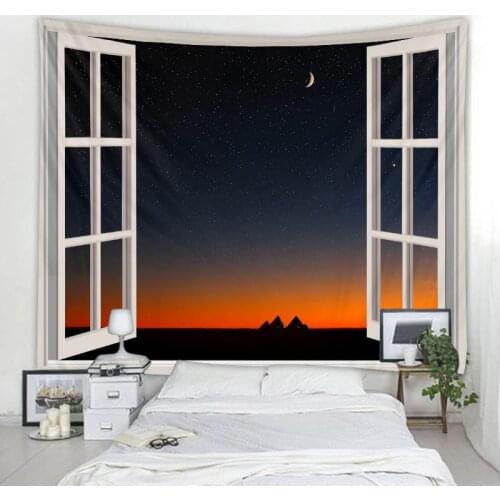 Landscape illustration tapestry starry sky outside the window wall hanging bohemian hippie home decoration printed bed sheet