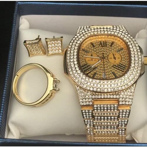 Hip Hop Men Cuban Necklace Luxury Men Gold Color Watch & Ring & Earrings Combo Set Adjustable Rings New Bling Rapper For Men