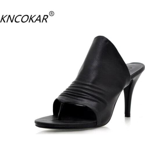 KNCOKAR Summer New High Heel Cool Slippers White And Black Fashionable Fine Heels Big Yards 35-43