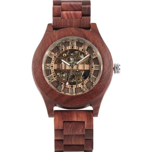 Mens Wooden Watch Mechanical Wristwatch Automatic-self-winding Luxury Golden Roman Numbers Dial Watches for Male