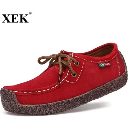 XEK 2018 New Running leather Sneakers For Women Lace-up Women Flats Comfortable Concise Sports Breathable Female Sneakers JH87