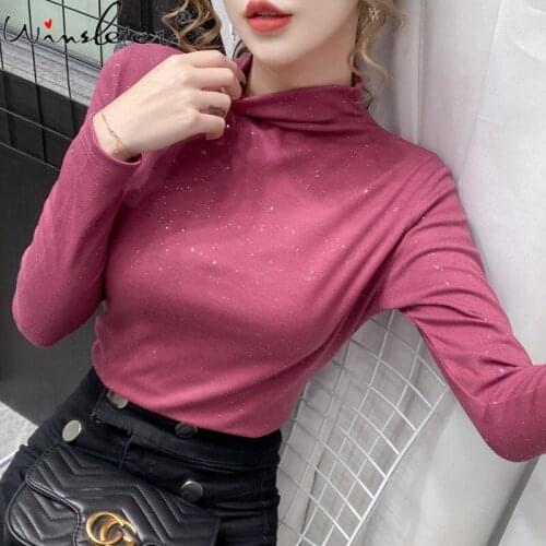 Fall Winter Thick T-shirt Women Brushed Cotton Mock Neck Bling Bling Stretchy Casual Tops Tees Long Sleeve Multi Colors T18202A