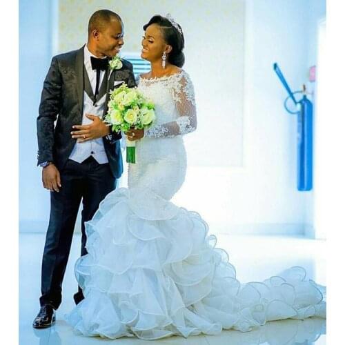 Amazing Ruffles African Lace Mermaid Wedding Dresses 2021 Scoop Neck Applique Full Sleeve Wedding Bridal Gown Robe De Mariee