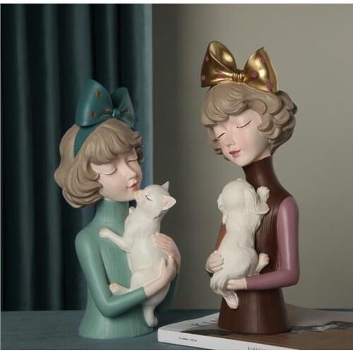 European Cute Girl Hug Dog Cat Resin Statues Figurines Accessories Home Furnishing Decoration Crafts Cafe Room Desktop Sculpture