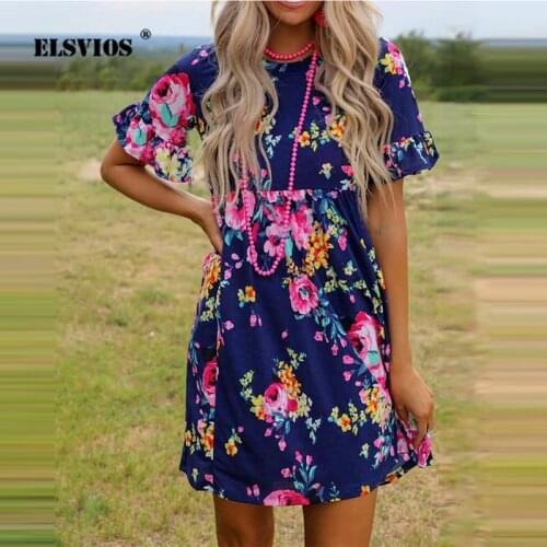 Round Neck Short Sleeve Retro Floral Mini Dress 2021 Spring And Summer New Women Casual Fashion Streetwear Lady Loose Beachwear