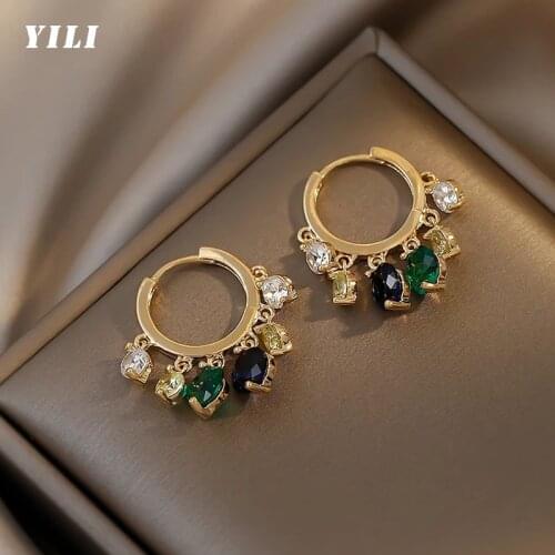 2021 New Korean Colored Round Zircon Tassel Earrings Fashion Gold Hoop Earrings for Women Girls Wedding Party Accessories
