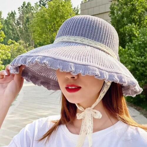Trendy Solid Color Bowknot Sun Hat Big Wide Brim UV Protection Hats for Women Ladies Summer Bohemian Beach Panama Bucket Caps