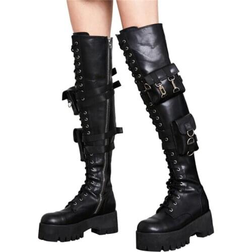 Army Style Fashion Double Metal Buckle Bags Eyelet Thigh Boots Platform Sole Woman Over The Knee Boots Motorcycle Boots