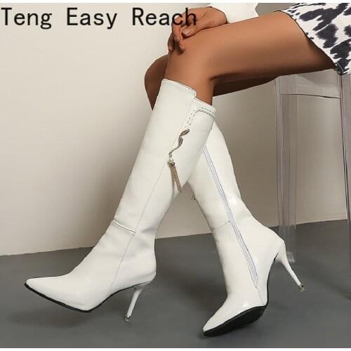2021 Winter Female Knee High Boots Autumn Winter PU Leather Women Shoes Pointed Toe Fashion High Heel Woman Boots Size 34-47