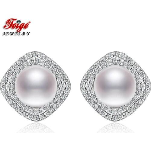 Luxury 925 Sterling Silver Natural Freshwater Cultured Pearl Stud Earrings for Women Party Gifts Fine Jewelry FEIGE