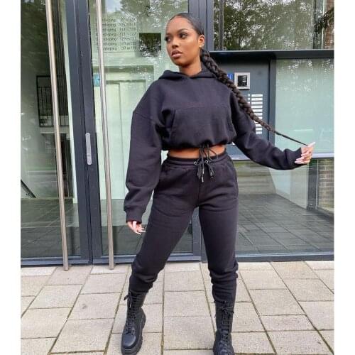 Solid Casual Two Piece Sets Women Streetwear Hooded Long Sleeve Loose Crop Top with Pocket+Jogger Sweatpant Activewear Trousers