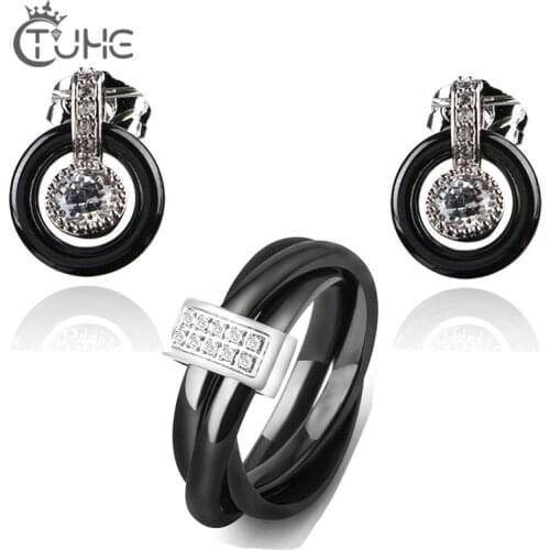 Women Jewelry Sets 2 Colors Crystal Big Crystal Jewelry Sets Bride Wedding Ceramic Earrings Ring Set Jewelry parure bijoux femme