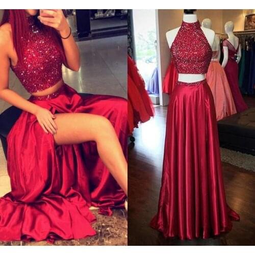 2019 Two Pieces Prom Dresses High Neck robe de soiree Crystal Beaded Burgundy Side Split Hollow Back Long Formal evening Dress