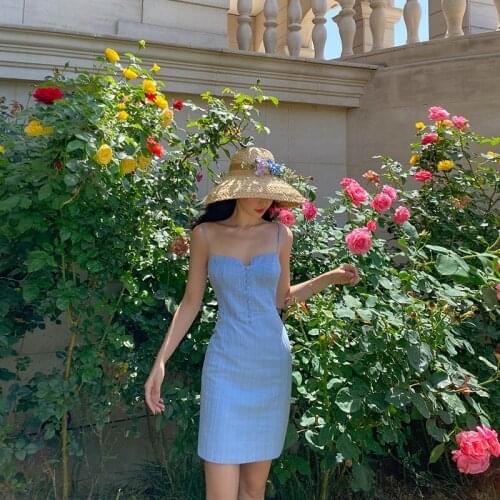 Blue Plaid One-shoulder Strap Dress Spring 2021 New Temperament Slim Skirt Women