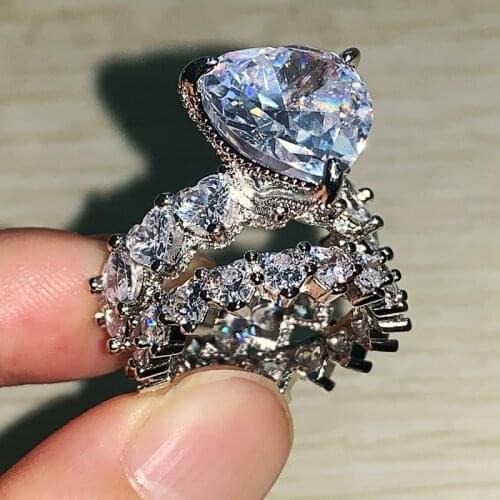 New Arrival Classic Jewelry 925 Sterling Silver Heart Shape 5A Cubic Zircon Couple Rings Women Engagement Band Bridal Ring Set