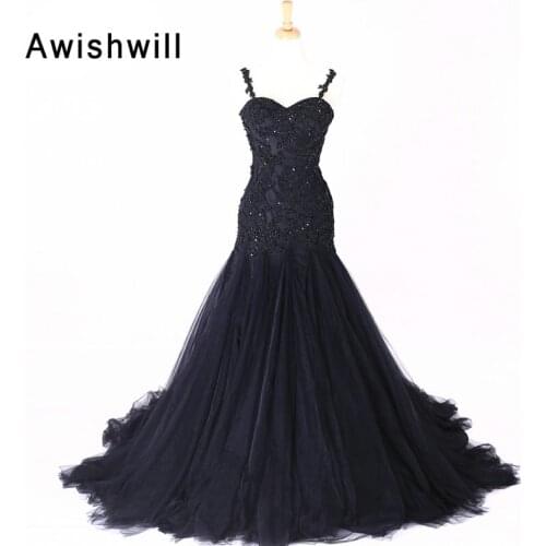 Vestido de Festa Robe De Soiree Spaghetti Strap Long Appliques Tulle Party Evening Dresses See Through Back Black Prom Dresses