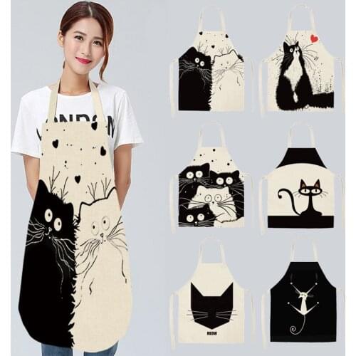 1Pcs Cute Cat Kitchen Cooking Apron Women Cake Baking Linen Soft Fabric Adult Children Bib Aprons Parent-child