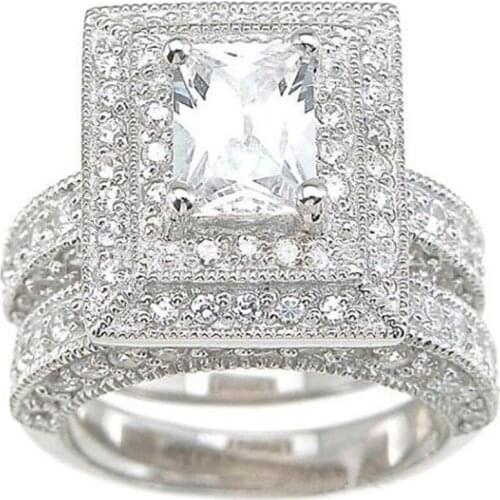 2 Pcs/set Hot Sale Silver Color Geometric Cubic Zirconium Crystal Female Alloy Ring Set for Women Party Jewelry Accessories