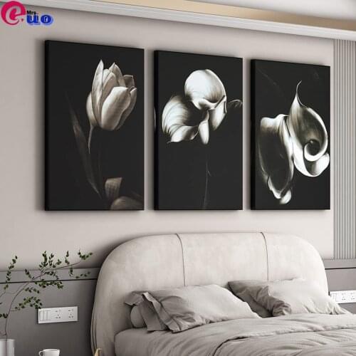 3 Panel Flower Wall Art White Flower 5d Diy Diamond Painting Picture Black and White Abstract Plant 3d Diamond Embroidery Mosaic