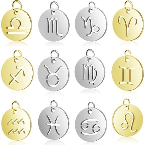 5 Pieces gold plating horoscope diy stainless steel charm wholesale zodiac symboal jewelry bracelet making charms pendant