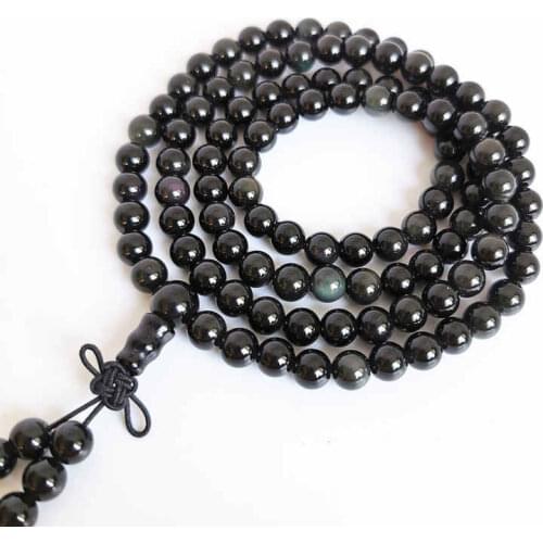 6mm Natural Obsidian Round Beads Bracelets with Rainbow Eyes 108 Beads Prayer Meditation Mala BRO501